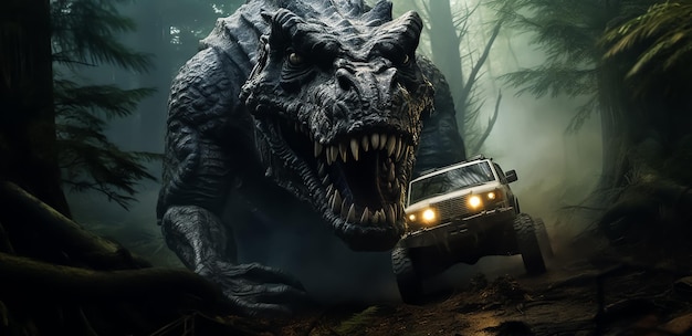 dinosaur TRex chased by a jeep car down a road in a middle of the woods