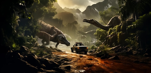 dinosaur TRex chased by a jeep car down a road in a middle of the woods