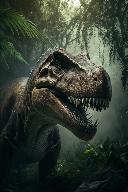 Dinosaur Trex in the rainforest Generative AI