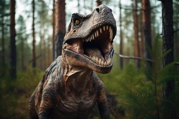 Dinosaur trex with open jaws in a pine forest closeup