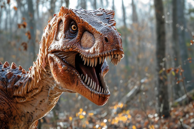 Photo dinosaur triceratops in the autumn forest closeup