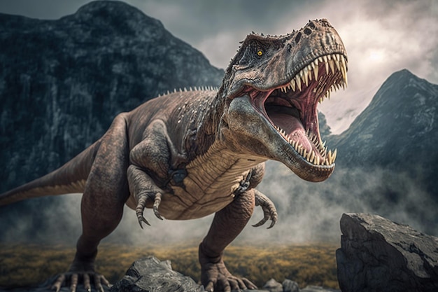 Photo dinosaur tyrannosaurus rex with powerful jaws open ferocious might of the trex generative ai