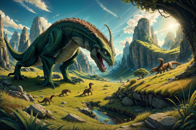 dinosaur walking on green grass velociraptor hunting alien landscape fantasy