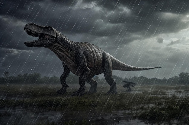 A dinosaur walking in the rain with a large t - rex on its head.