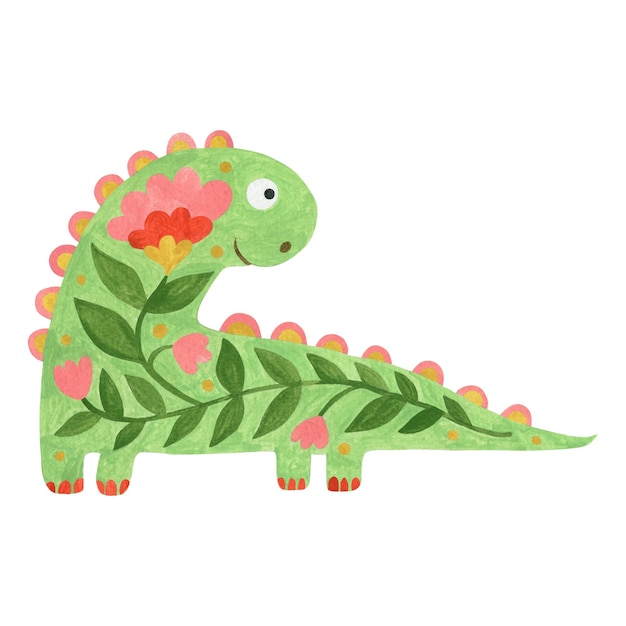 dinosaur watercolor illustration isolated on white background in folk art style