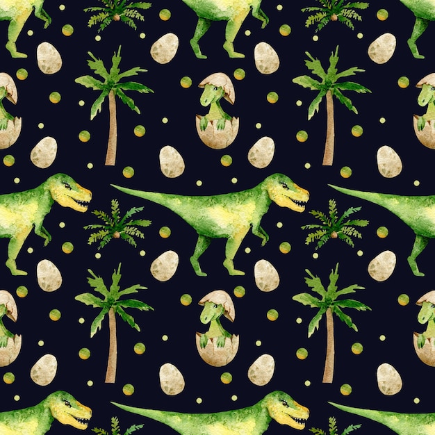 Foto dinosauro pittura ad acquerello seamless pattern su blu scuro