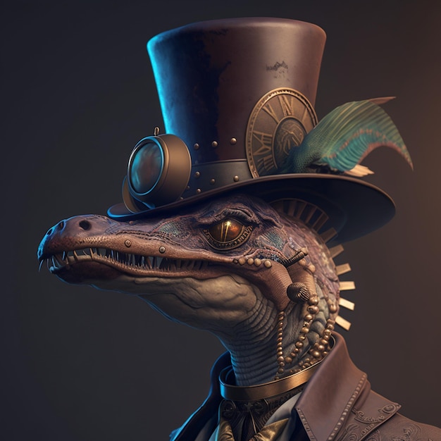 Dinosaur wearing a hat and dressed in a steampunk outfit Steampunk