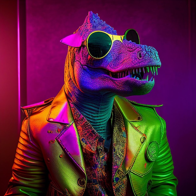 A dinosaur wearing a jacket and sunglasses is wearing a jacket that says'jurassic world '