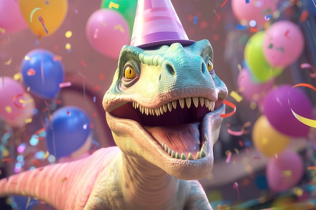 A dinosaur wearing a party hat smiles at the camera.