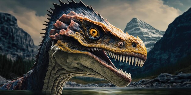 Premium Photo | A dinosaur with a blue face and a mountain in the