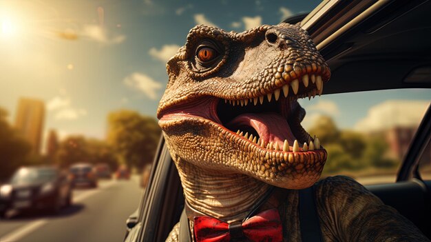 Photo a dinosaur with a bow tie is sitting in a car