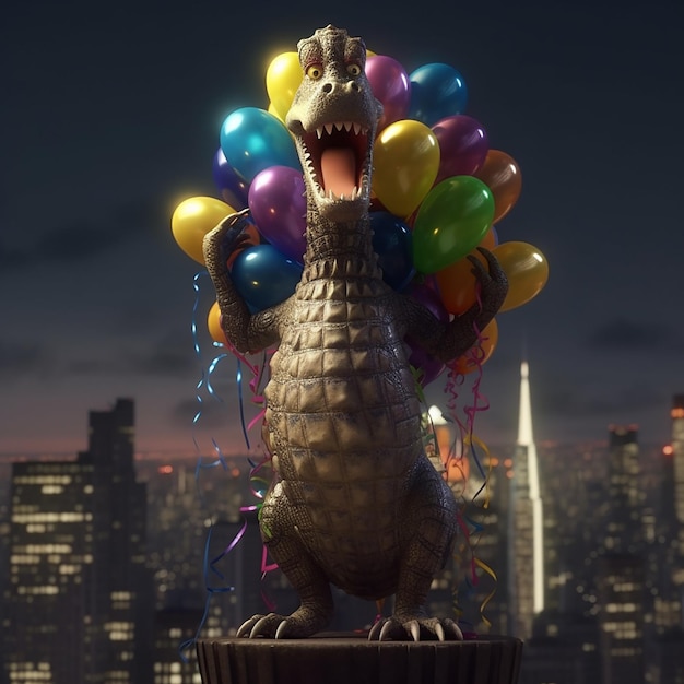 A dinosaur with a bunch of balloons on his back stands in front of a cityscape.
