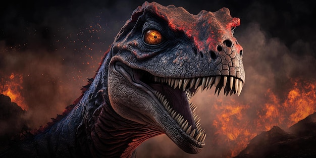 A dinosaur with a burning fire in the background