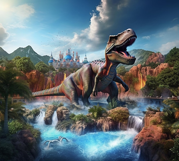 Foto un dinosauro con un castello in cima generato dall'ai