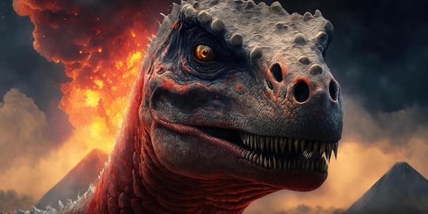 A dinosaur with a fireball on its face