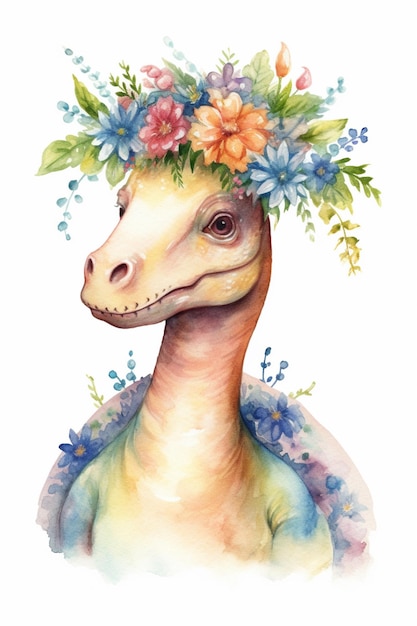 A dinosaur with a flower crown on her head