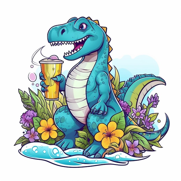 Dinosauro con un bicchiere di birra