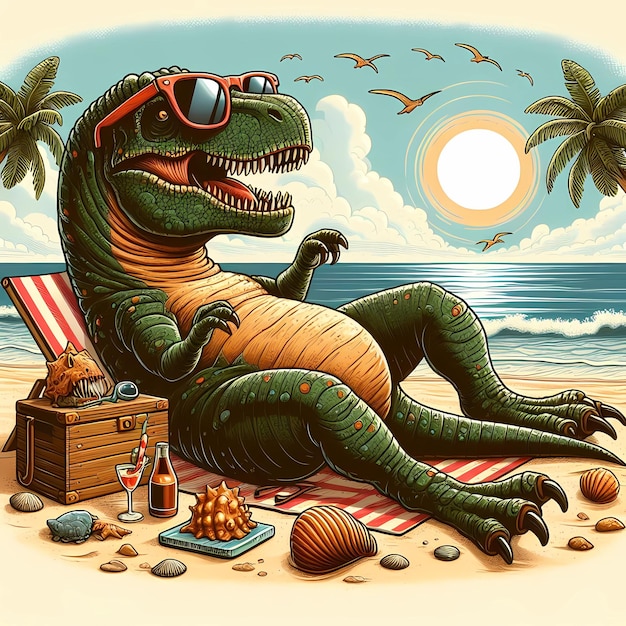 Photo dinosaur with glasses on the beach dinosaur sunbathing in summer