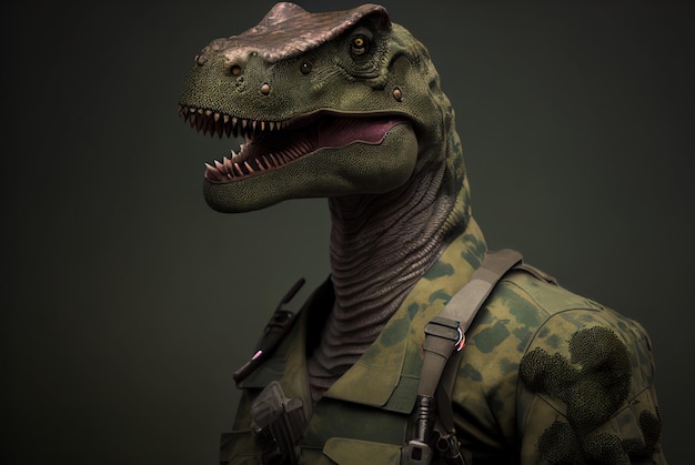 A dinosaur with a green camouflage on his head.