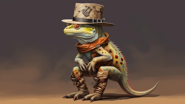 a dinosaur with a hat and scarf on it