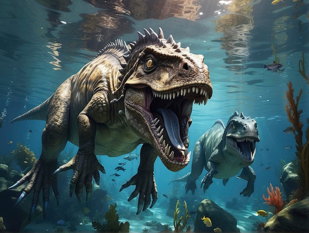 a dinosaur with its mouth open and a shark in the background with fish