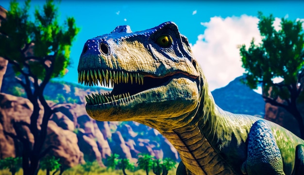 Dinosaur with its mouth open standing in field Generative AI