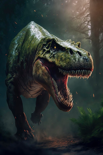 Dinosaur with its mouth open walking through a forest Trex Generative AI