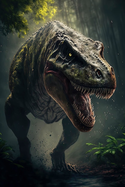Dinosaur with its mouth open walking through a forest Trex Generative AI