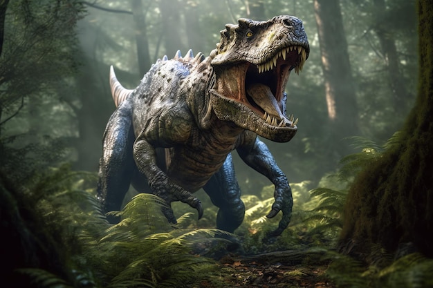 A dinosaur with a large mouth is in a forest with trees and plants.