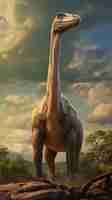 Photo a dinosaur with a long neck is standing in front of a cloudy sky