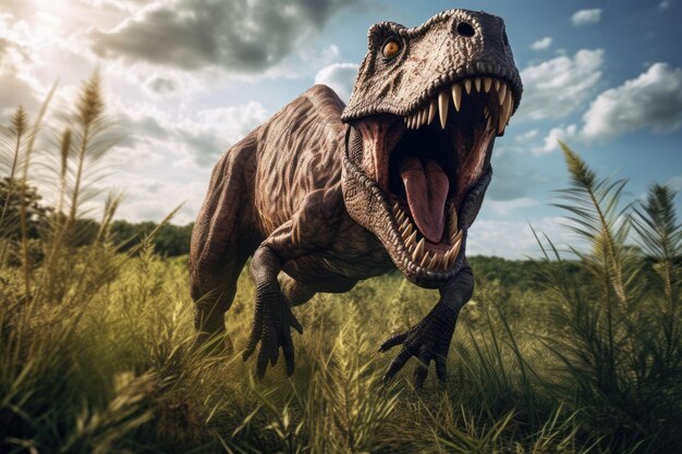 A dinosaur with a long neck is walking in a field.