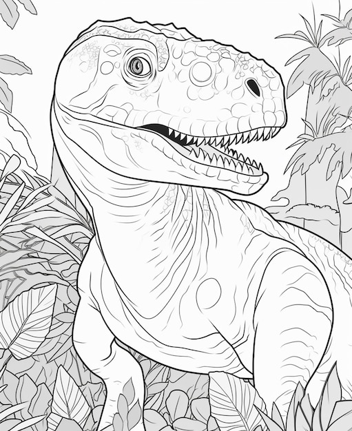 A dinosaur with a long neck stands in the jungle.