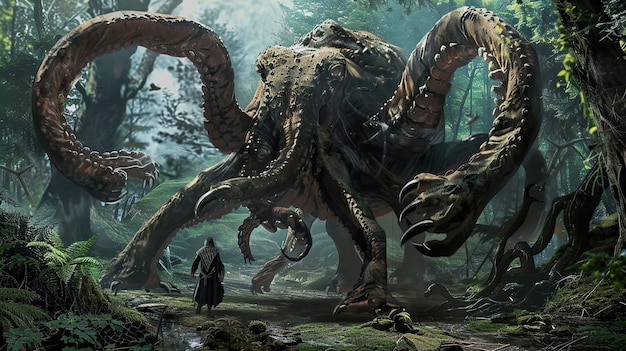 a dinosaur with a man in a forest with a dinosaur on the back