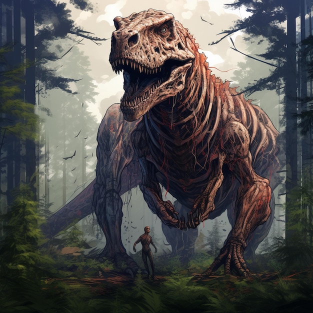 Photo a dinosaur with a man standing in the woods.