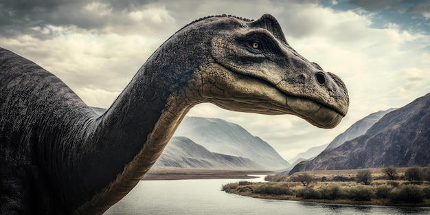 A dinosaur with a mountain background