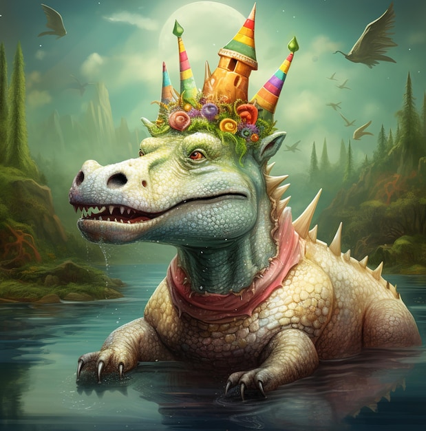 Foto un dinosauro con un cappello da festa in testa indossa un cappello in testa.