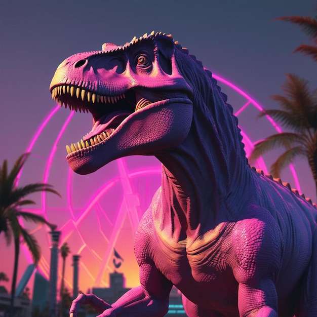A dinosaur with a pink background with palm trees in the background