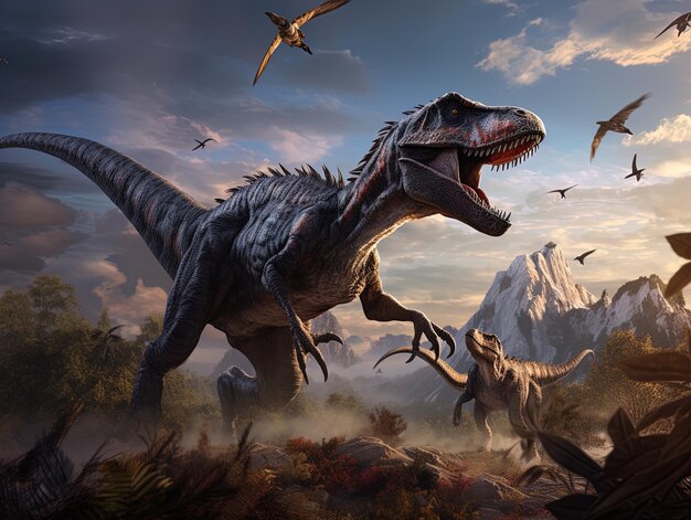 Photo a dinosaur with a red beak is in the background with birds flying around
