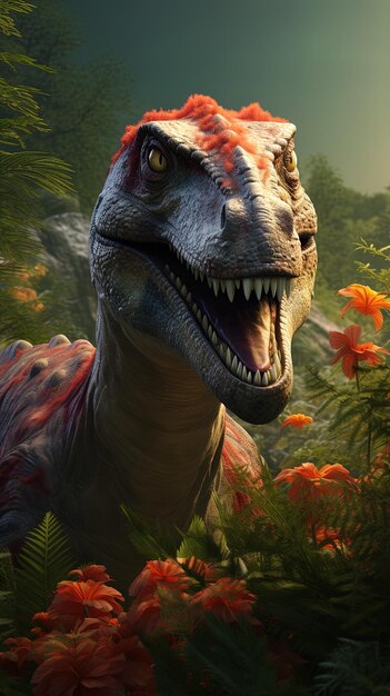 a dinosaur with a red head and a green background with flowers