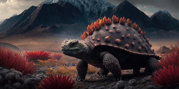 A dinosaur with red spiky hair stands in front of a mountain range.