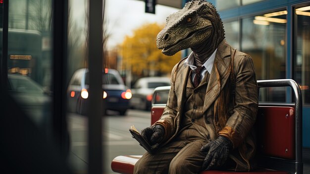 a dinosaur with a tie and a jacket on sits on a bench