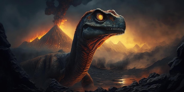 火山を背景にした恐竜