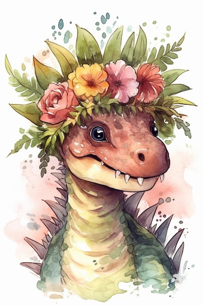 A dinosaur with a wreath of flowers on her head