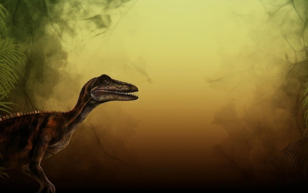 A dinosaur with a yellow background and a green background with the words'jurassic'on it