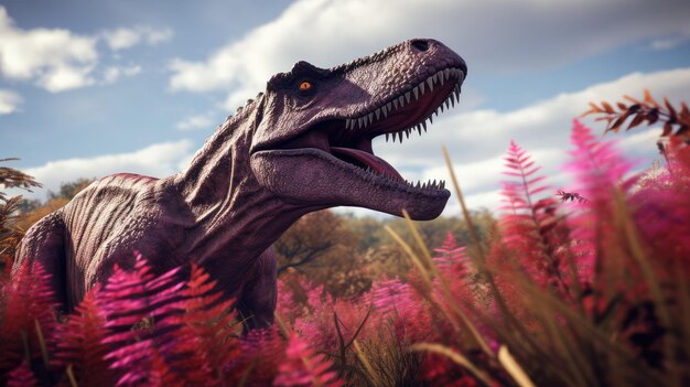 A dinosaur with a yellow eye sits in a field of flowers.