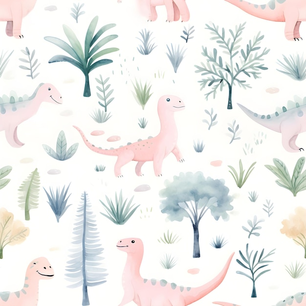 Dinosaurs Cute Watercolor Kids Pattern For Girls