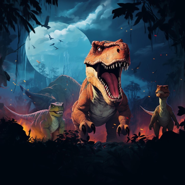 dinosaurs in a dark forest with a full moon in the background generative ai