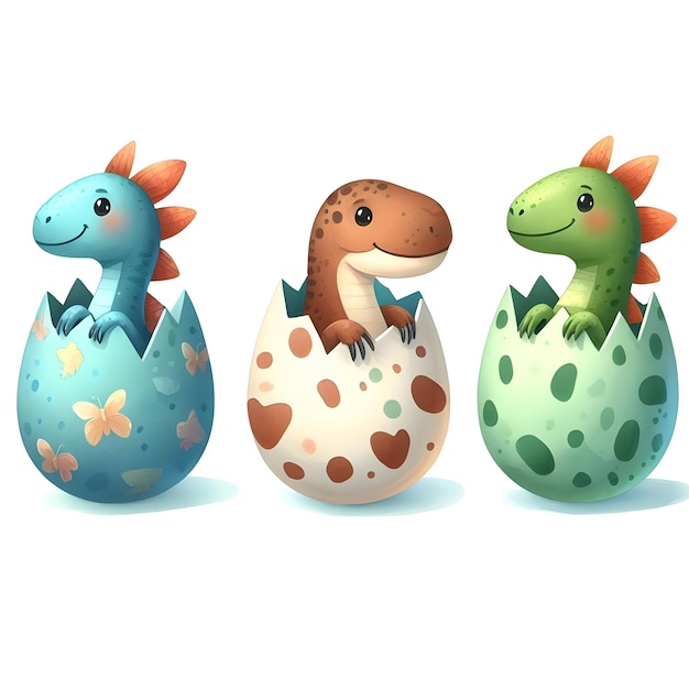 dinosaurs in eggshells on a white background