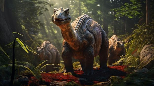 dinosaurs in the forest with trees in the background