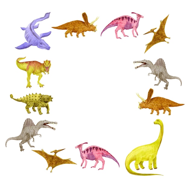 Dinosaurs invitation on white. Watercolor tyrannosaurus, Spinosaurus, Pteranodon, Ankylosaurus, Mosasaurus. Watercolor